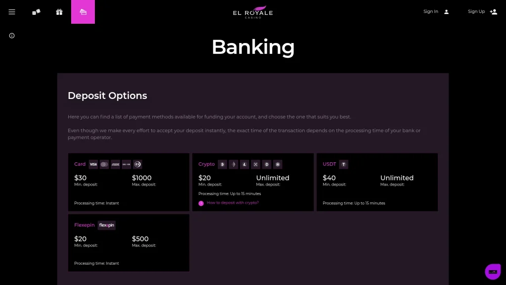 El Royale Casino Banking Options