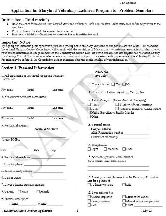 Application for Maryland Voluntary Exclusion Program for Problem Gamblers (Sample)