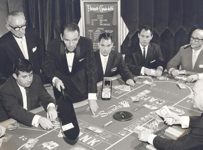 Frank Sinatra dealing cards at the Sands Casino in Las Vegas (1959)