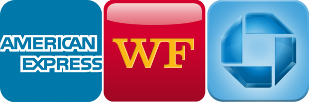 Trademark logos of AMEX, Wells Fargo and Chase