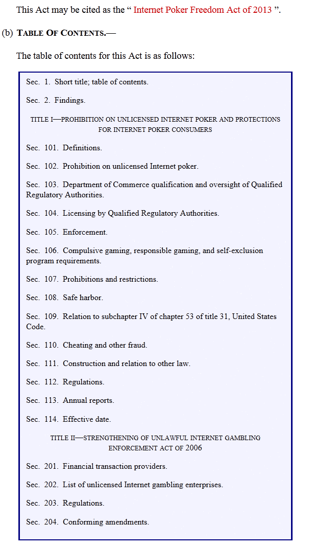 Table of Contents of the Internet Poker Freedom Act 2103