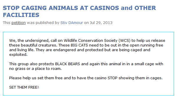 The petition titled 'Stop Caging Animals at Casinos and Other Facilities'