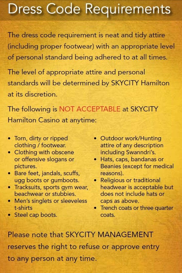 Dress code requirements at SkyCity Casino, Hamilton