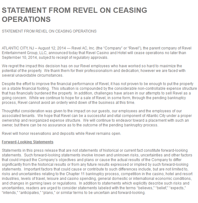 Revel on ceasing operations (August 12, 2014)