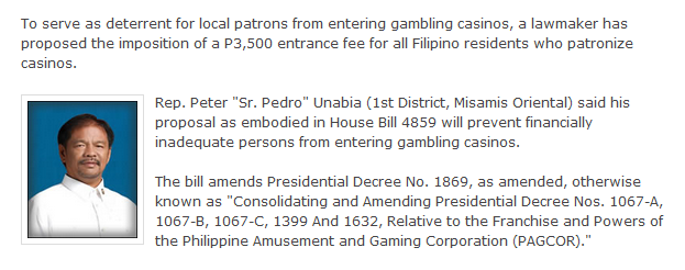 Entrance fee to be imposed on Pinoy casino goers