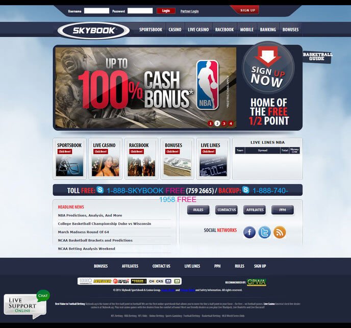 Skybook Casino homepage
