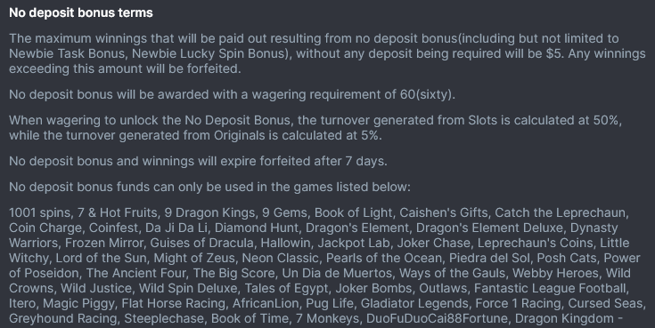 No deposit bonus terms