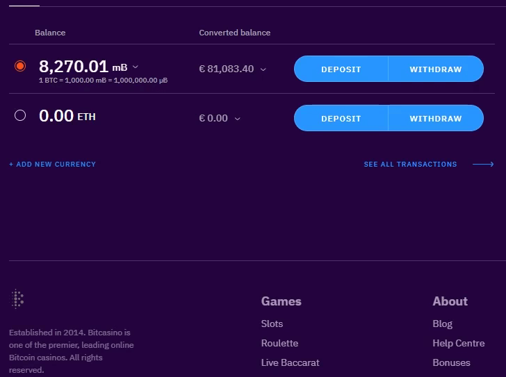 Bitcasino.io (funds section)