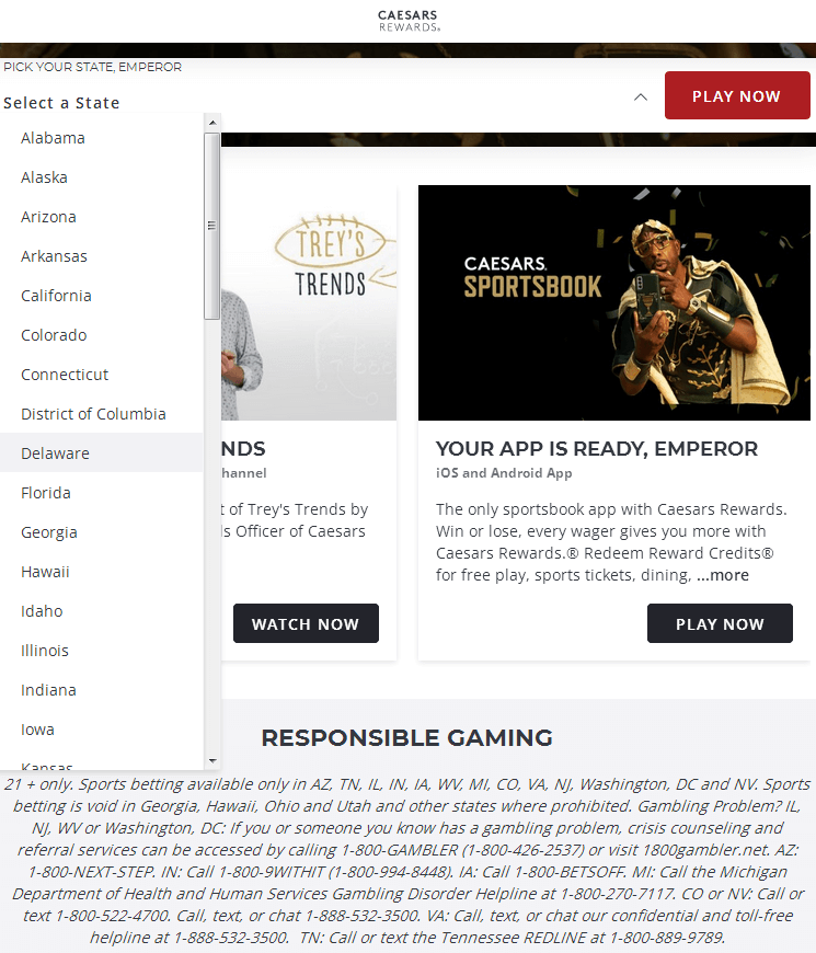 Caesars sportsbook - main page