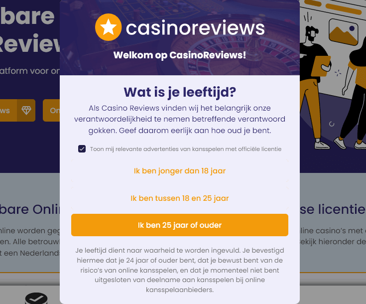 CasinoReviews.nl uses a call-to-action method to block underage players via cookies