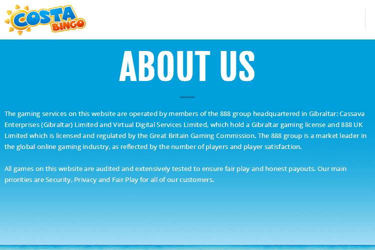 Information page of Costa Bingo (property of the 888 group)