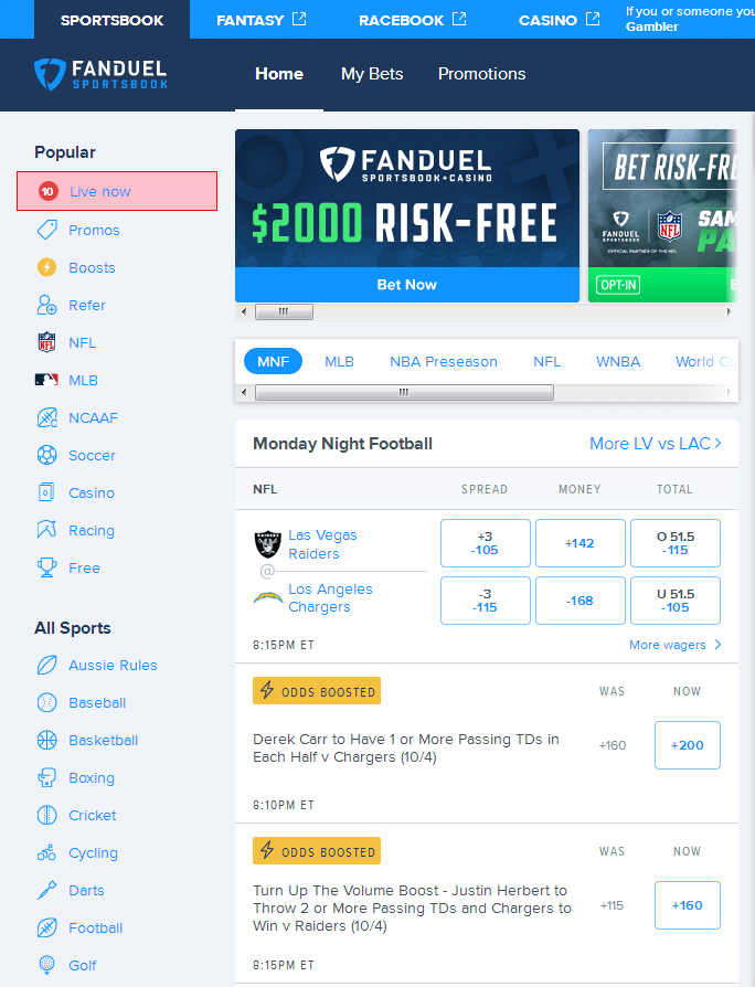 FanDuel sportsbook - main page