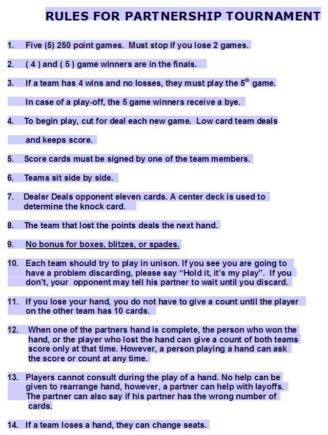 Gin Rummy - Rules for parnership tounament
