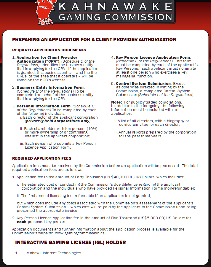 Kahnawake Gaming Commission - Required application documents (interactive licenses)