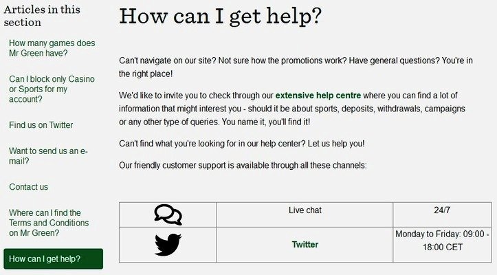 Help page (Mr. Green casino)
