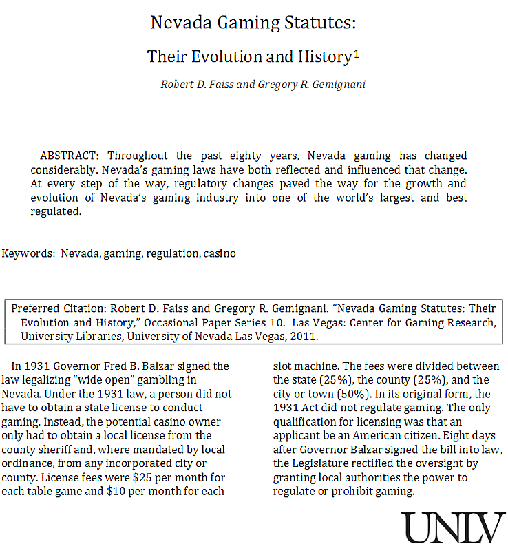 Nevada Gaming Statutes - Their Evolution and History Nevada Gaming Statutes - Their Evolution and History