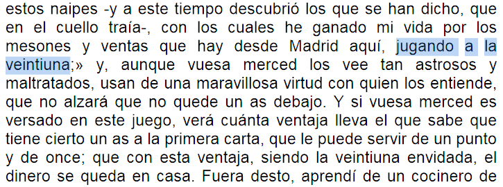Miguel de Cervantes publication Novelas Ejemplares (blackjack quote)