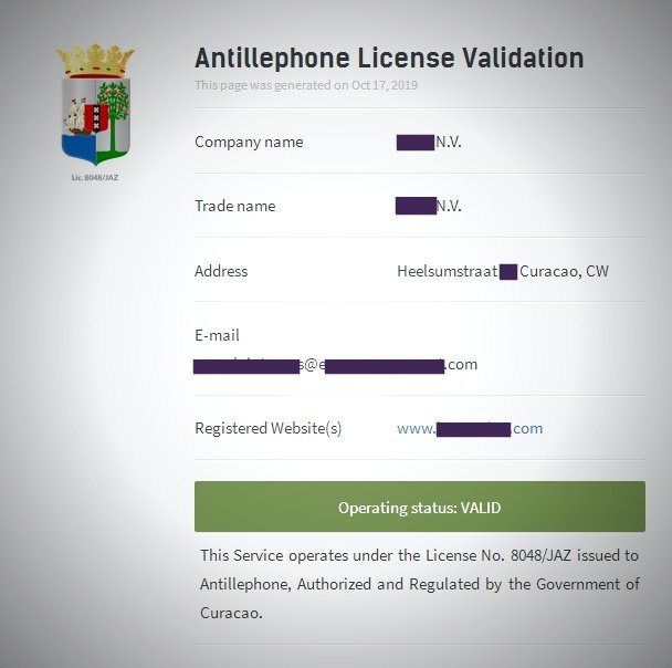 Gambling License Validation (Government of Curacao)