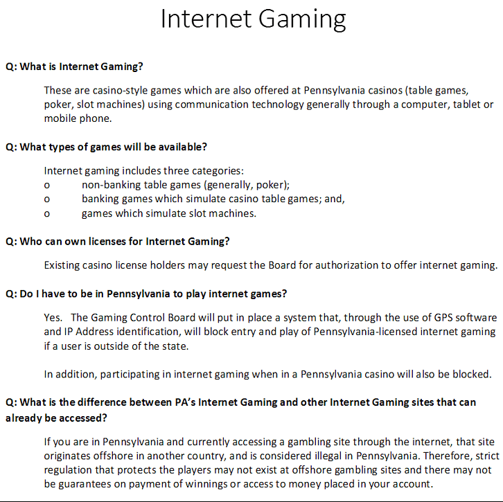 Pennsylvania internet gaming legislation