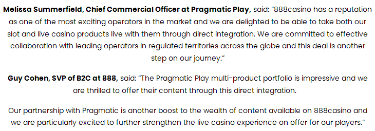 Comments on the deal closed by Pragmatic Play and 888