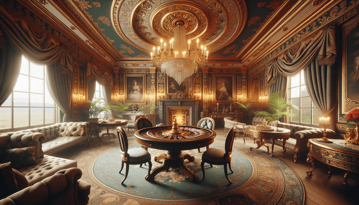 A regency style room with a roulette wheel in the center