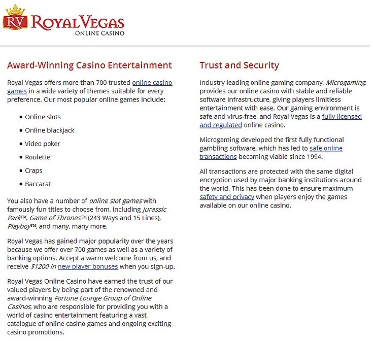 Royal Vegas online casino (features)