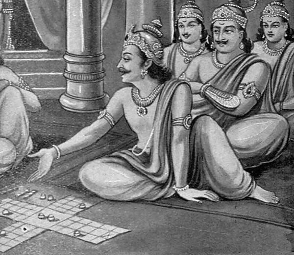 Shakuni playing an ancient Indian craps game (Chausar)