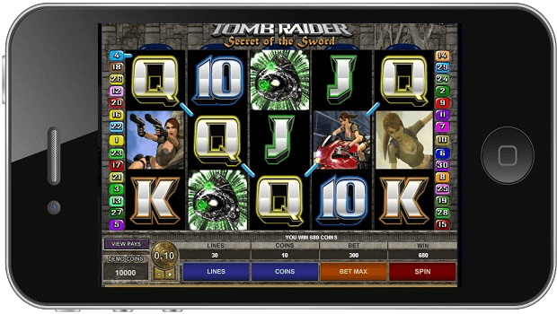 The slot game 'Tomb Raider' played on a mobile phone